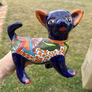 Talavera Chihuahua Dog Folk Art Standing Home Decor Mexican Pottery Blue Red